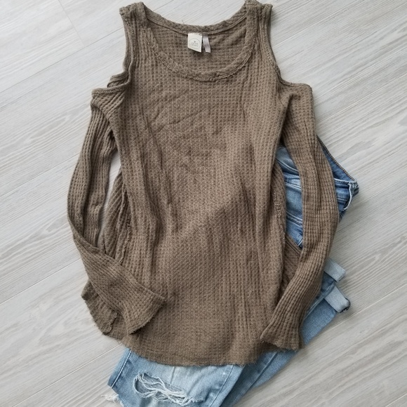 Paper Crane Tops - Paper Crane Cold Shoulder Distressed Waffle Top